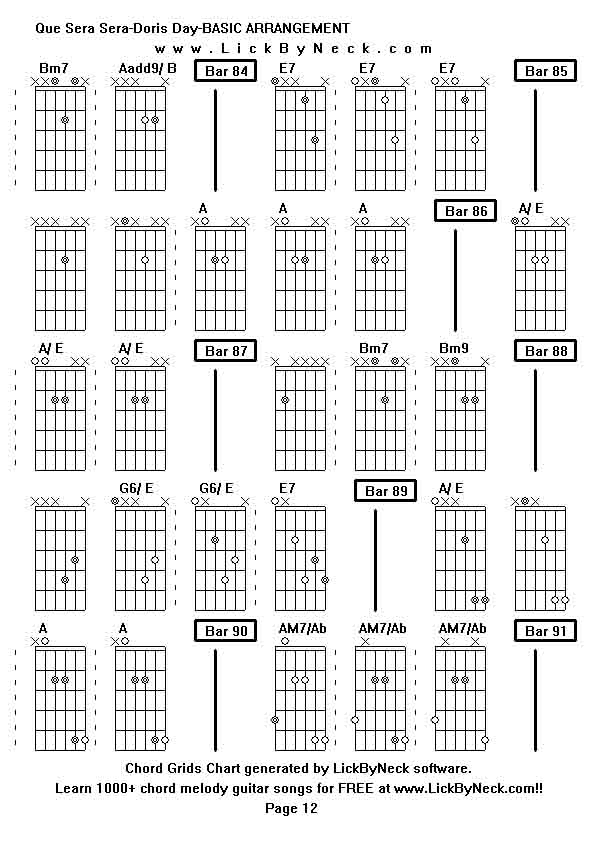 Chord Grids Chart of chord melody fingerstyle guitar song-Que Sera Sera-Doris Day-BASIC ARRANGEMENT,generated by LickByNeck software.